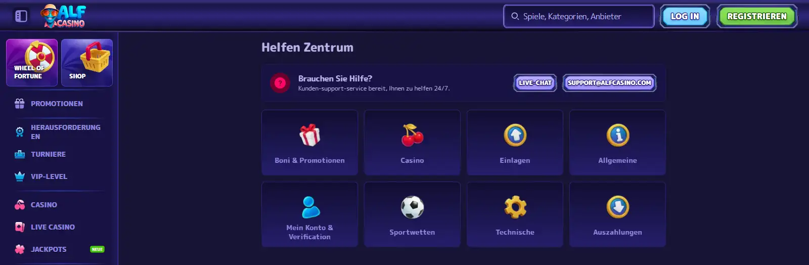 Deutschsprachiges Hilfezentrum mit Kategorien und Kontaktmöglichkeiten bei AlfCasino