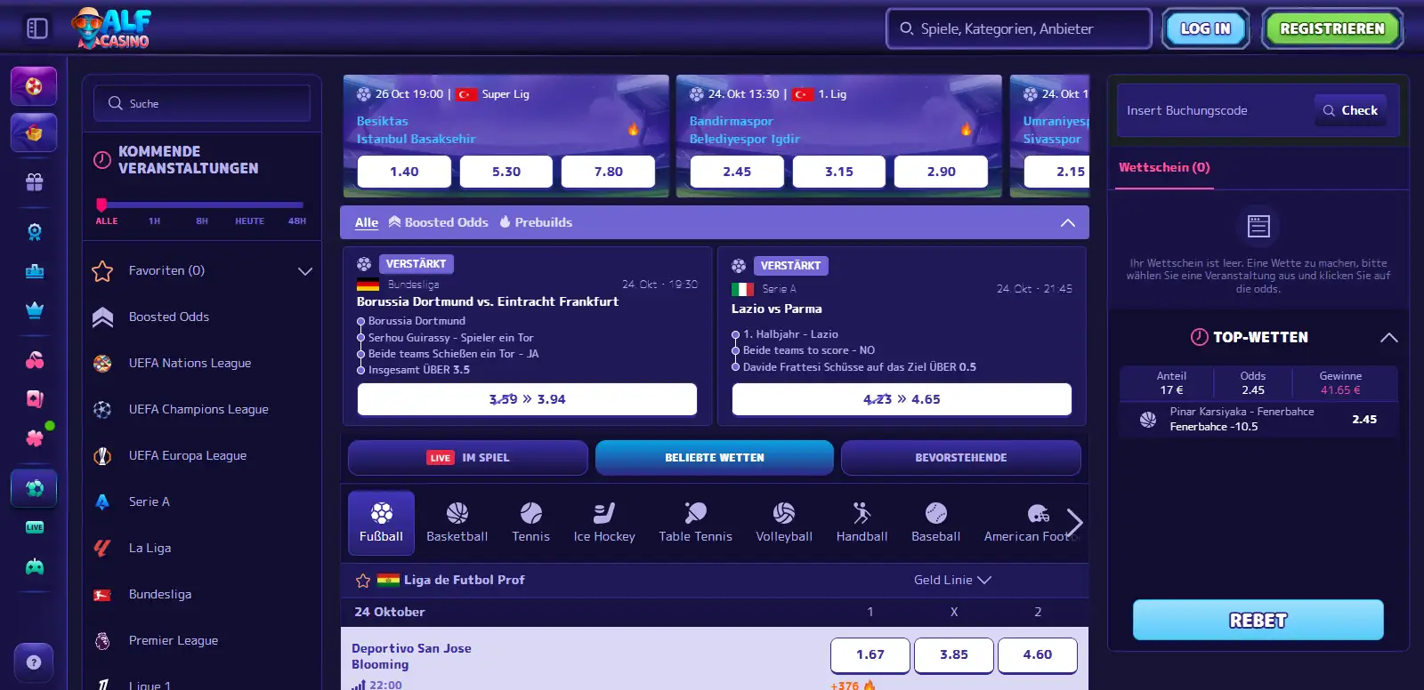 Sportnavigation bei AlfCasino mit Auswahl verschiedener Sportarten und Wettmärkte