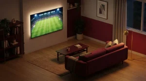 Fernsehschirm mit beleuchtetem Spielfeld neben einem Sofa im Wohnzimmer