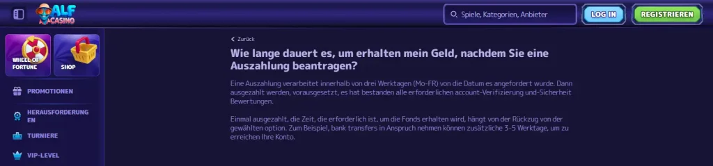 Hilfebereich von AlfCasino mit einem Artikel zu Banküberweisungen und Auszahlungszeiten