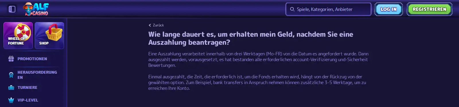 Hilfebereich von AlfCasino mit einem Artikel zu Banküberweisungen und Auszahlungszeiten