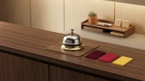 Kleine Serviceglocke und beschriftungsfreie Karteikarten auf einem Schreibtisch
