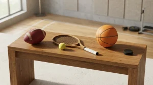 Fußball Basketball Tennisschläger und weitere Sportgeräte auf einem Holztisch