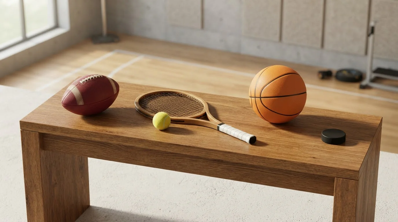 Fußball Basketball Tennisschläger und weitere Sportgeräte auf einem Holztisch